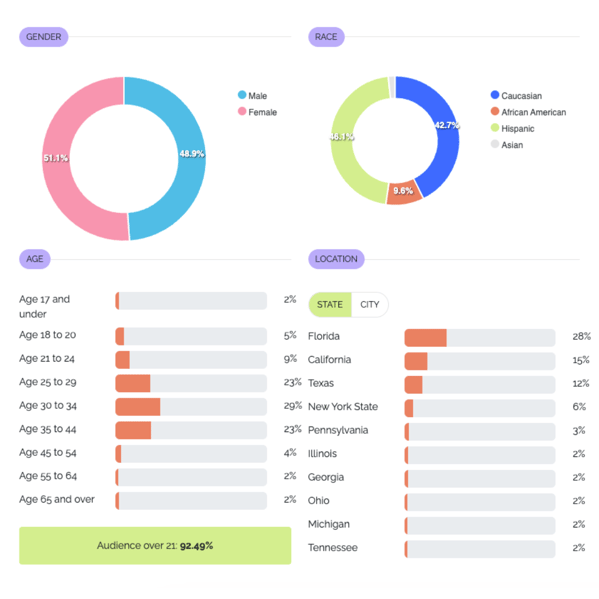 Picture displaying an influencer's core social media audience demographics (Gender, Ethnicity, Age, Location)